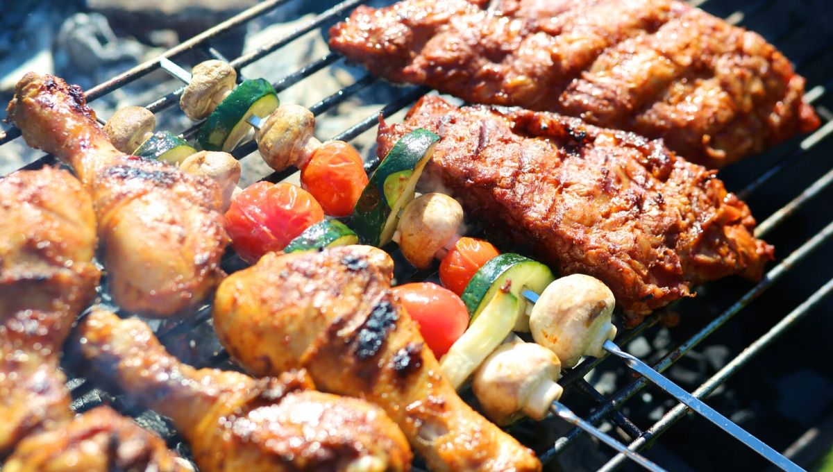 chicken, steak and vegetable items to grill