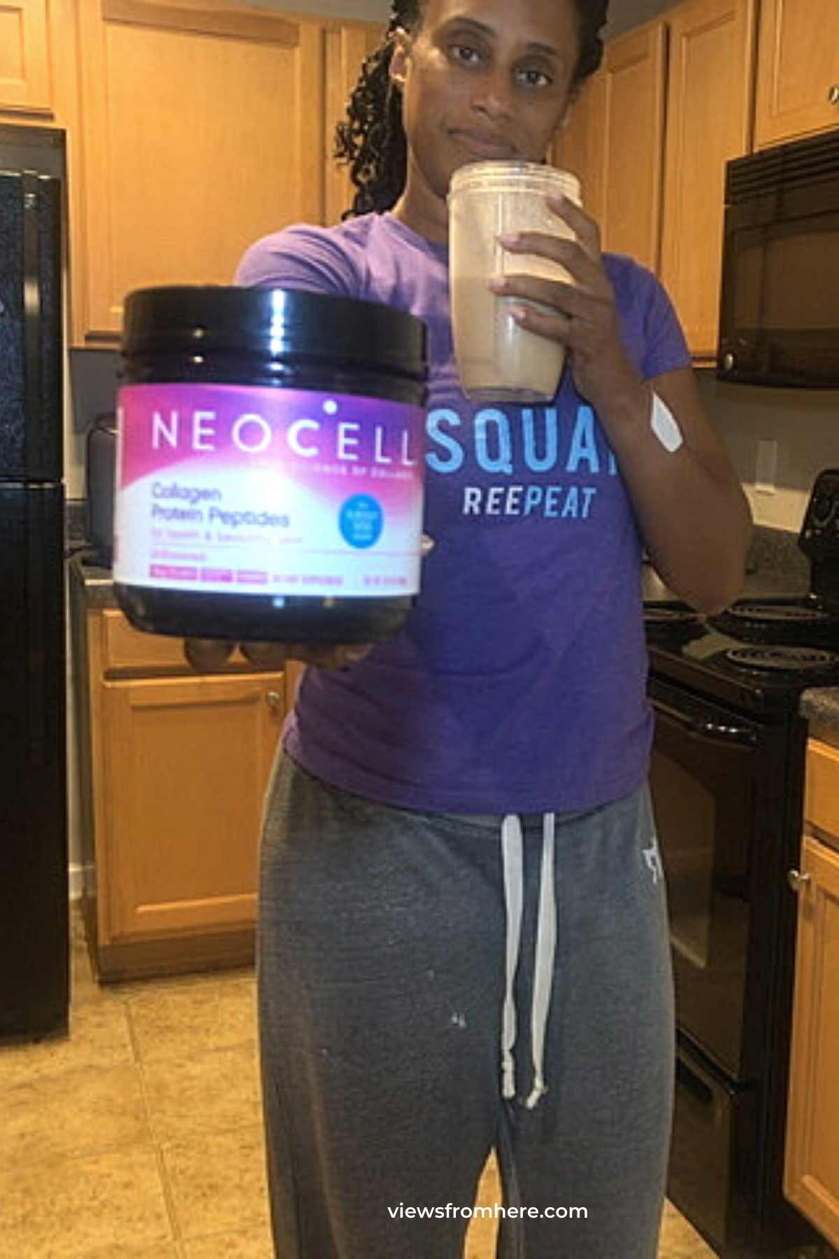 woman holding neocell collagen protein peptides with smoothie