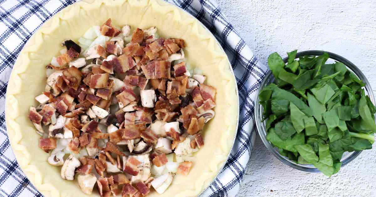bacon mushrooms in pie shell with spinach on side